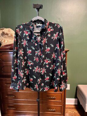 Black Floral Blouse Long Sleeves with Red Roses